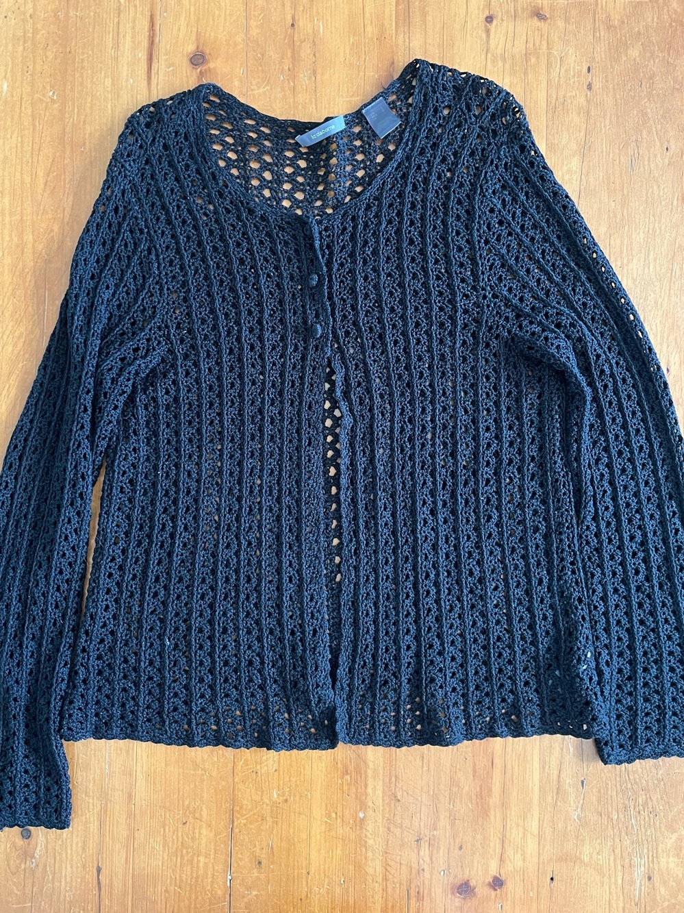 Liz Claiborne Silk and Rayon Crochet Round Neck Cardigan Black Dark Academia